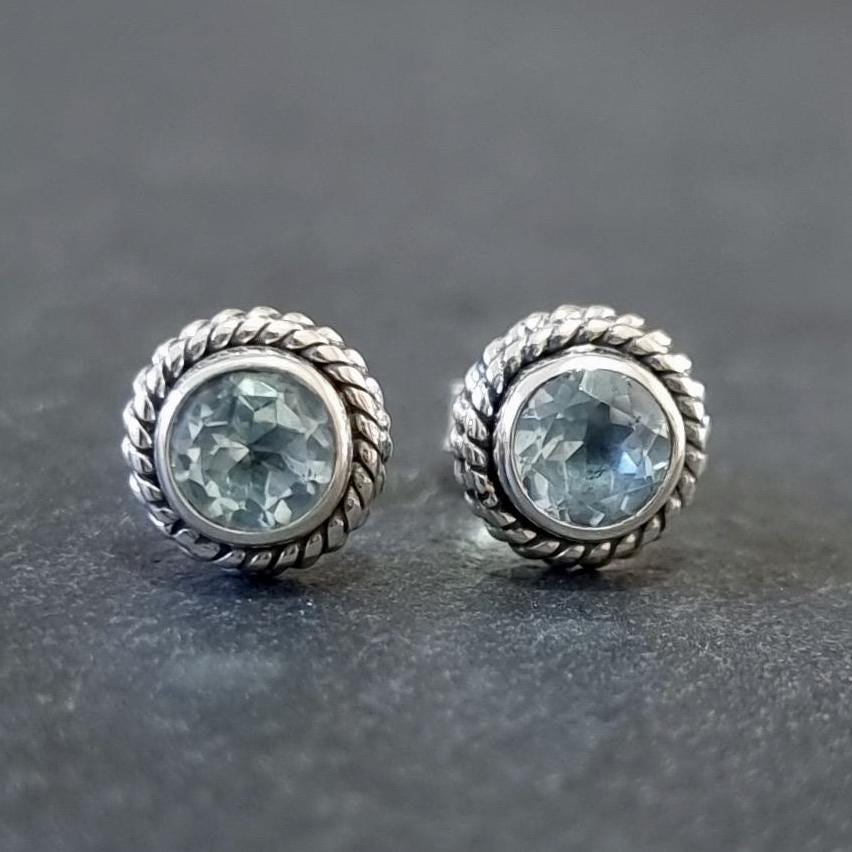 Boho Blue Topaz Stud Earrings – 925 Sterling Silver November Birthday Gift