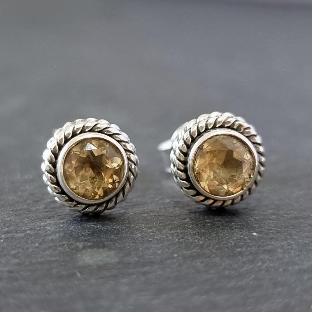 Boho Cut Stone Citrine Stud Earrings – 925 Sterling Silver November Birthstone Gift