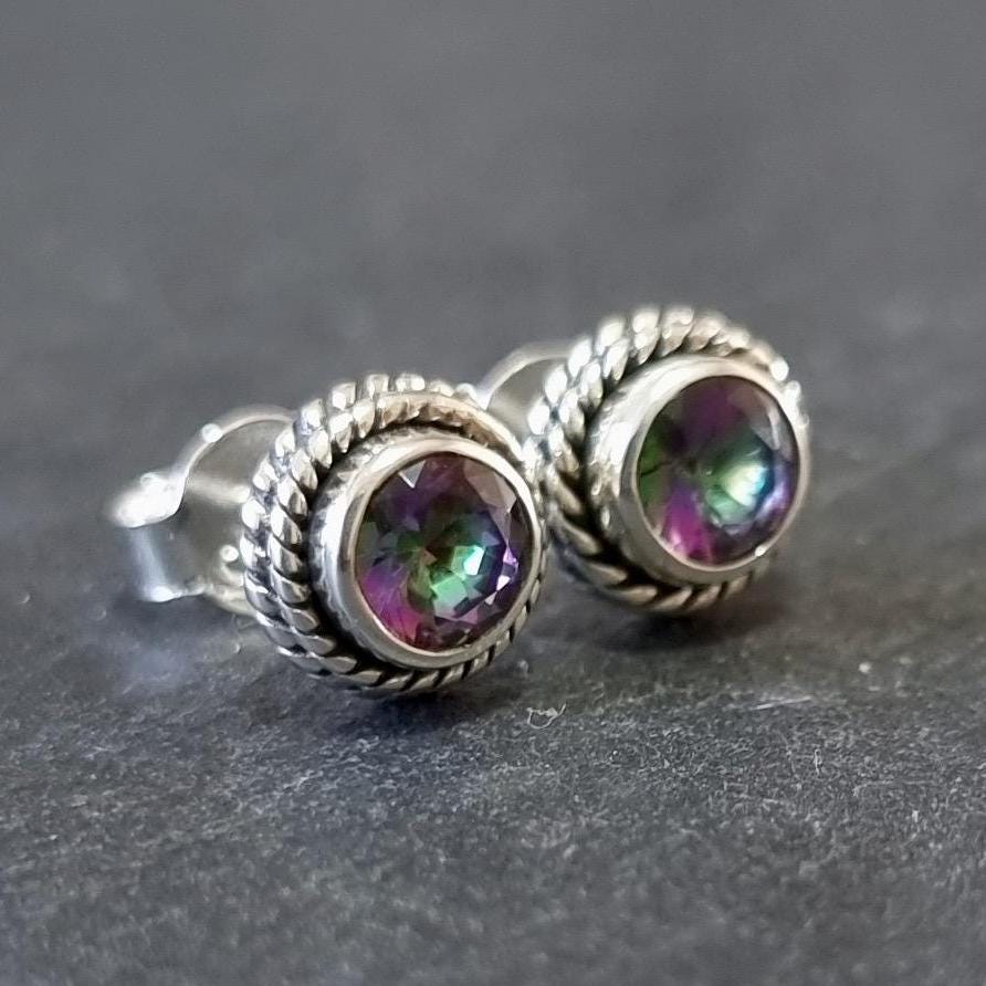 Boho Mystic Topaz Stud Earrings – 925 Sterling Silver November Birthstone Gift