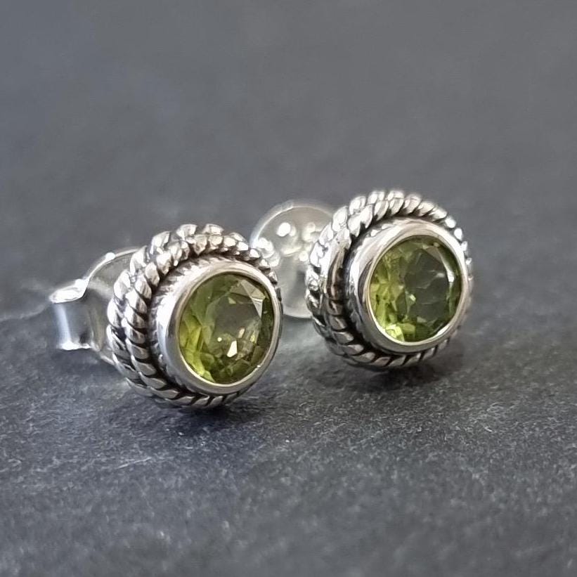 Boho Peridot Stud Earrings – 925 Sterling Silver August Birthstone Gift