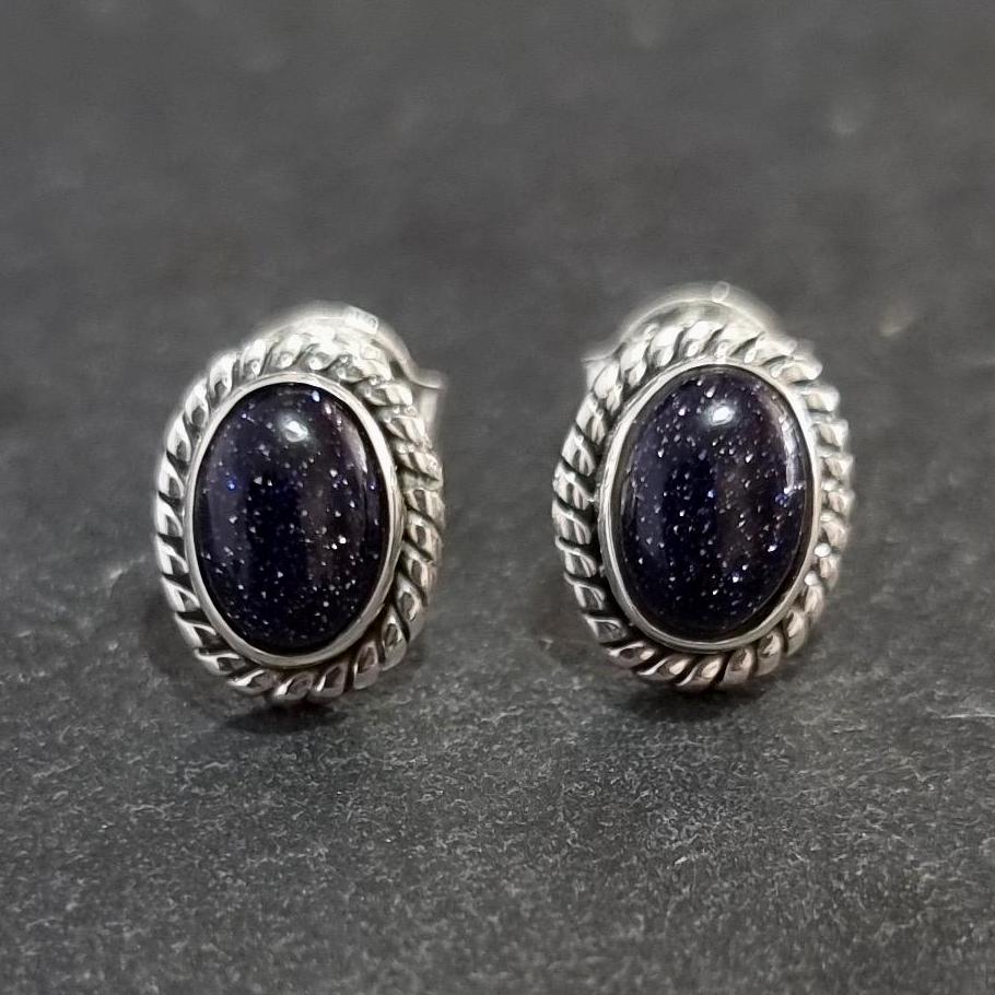 Boho Oval Blue Goldstone Stud Earrings, 925 Sterling Silver, S4BS