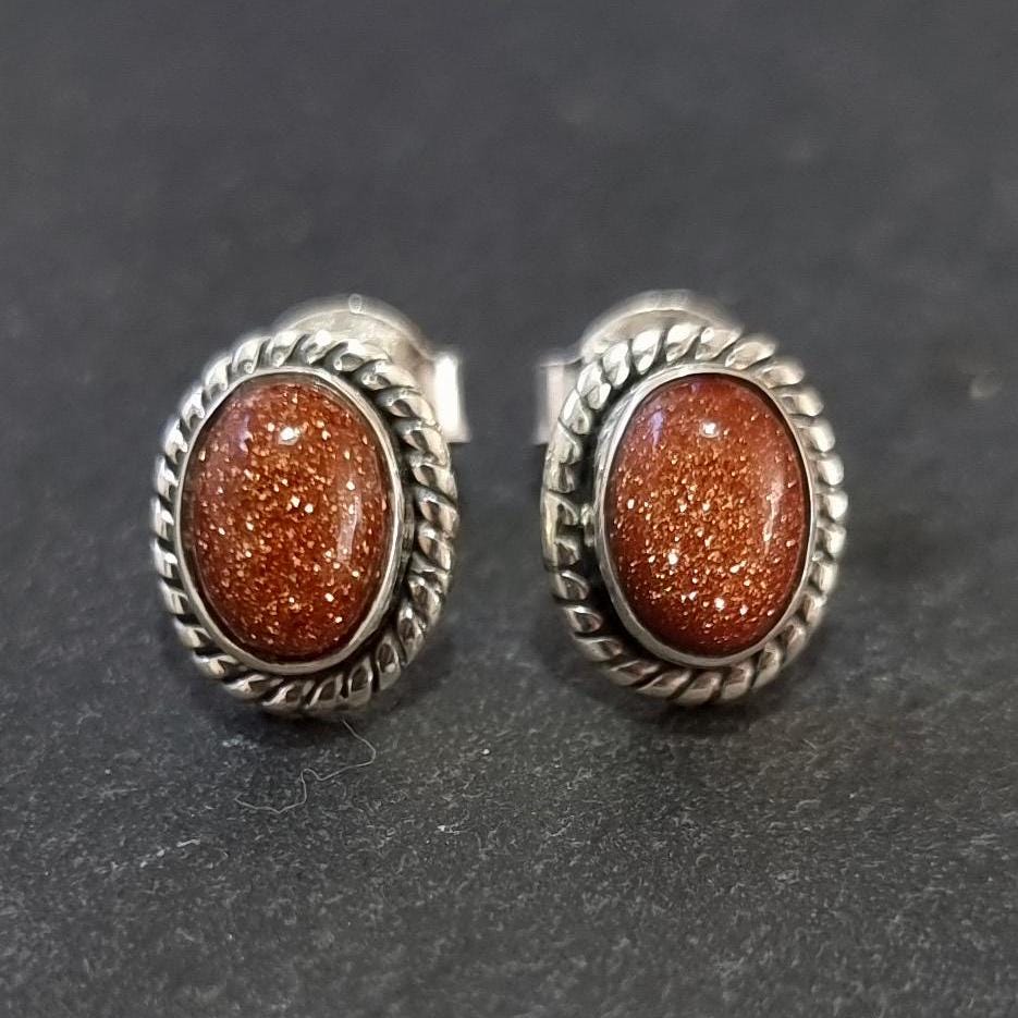 Boho Oval Orange Goldstone Stud Earrings, 925 Sterling Silver, S4GS