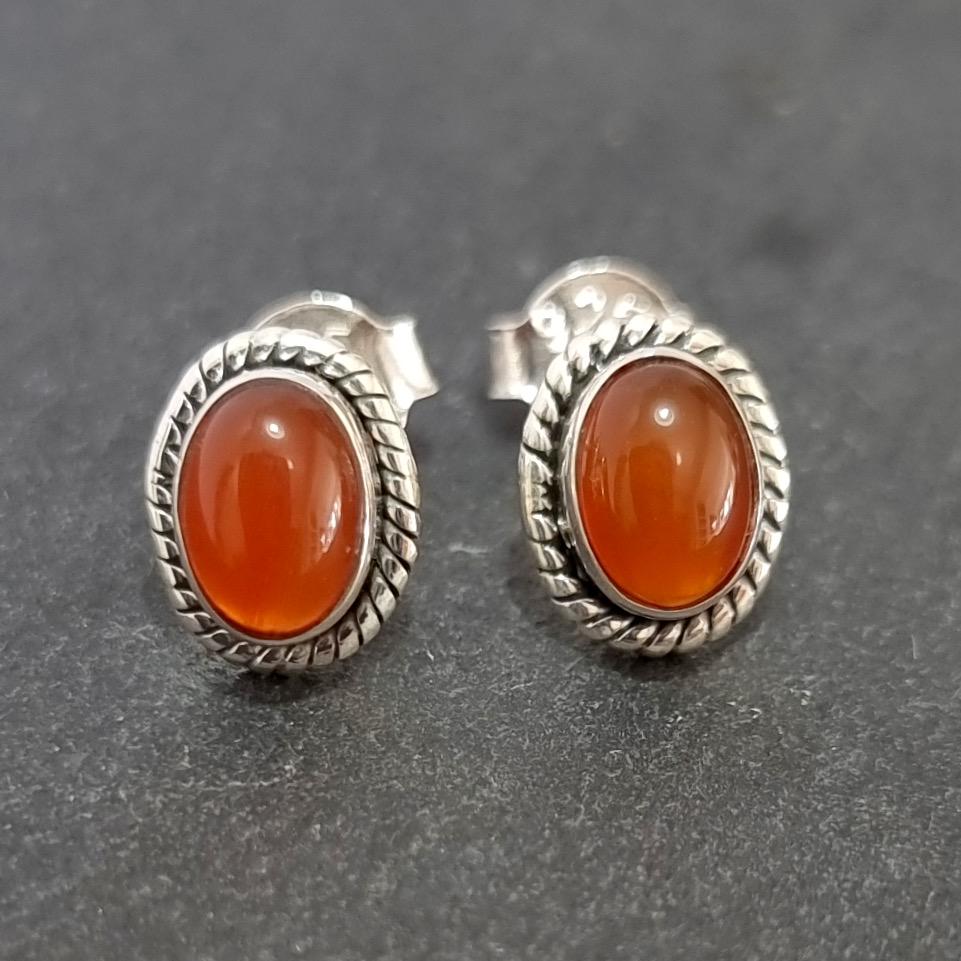 Boho Oval Carnelian Studs Earrings, 925 Sterling Silver, S4CARN