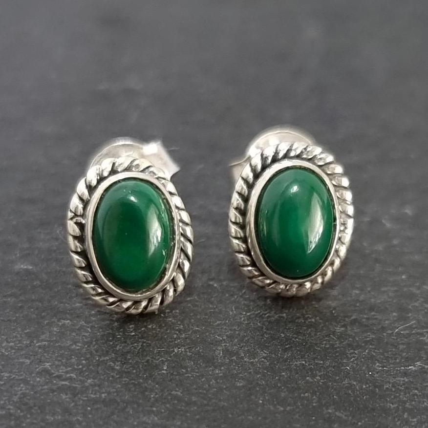 Boho Oval Malachite Studs Earrings, 925 Sterling Silver Earrings, Size 1.0cm x 0.8cm, Green Gemstone Jewellery for Women, Mistry Gems, S4MAL