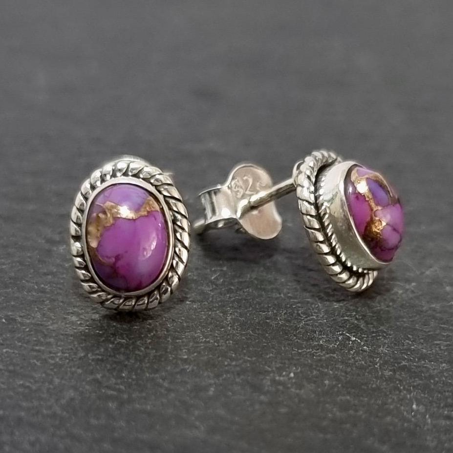 Boho Oval Purple Copper Turquoise Studs Earrings, 925 Sterling Silver, Size 1.0cm x 0.8cm, December Birthday Gift Women, Mistry Gems, S4PCT