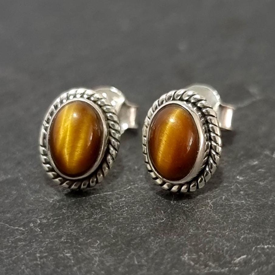 Boho Oval Tigers Eye Stud Earrings, 925 Sterling Silver, S4TE