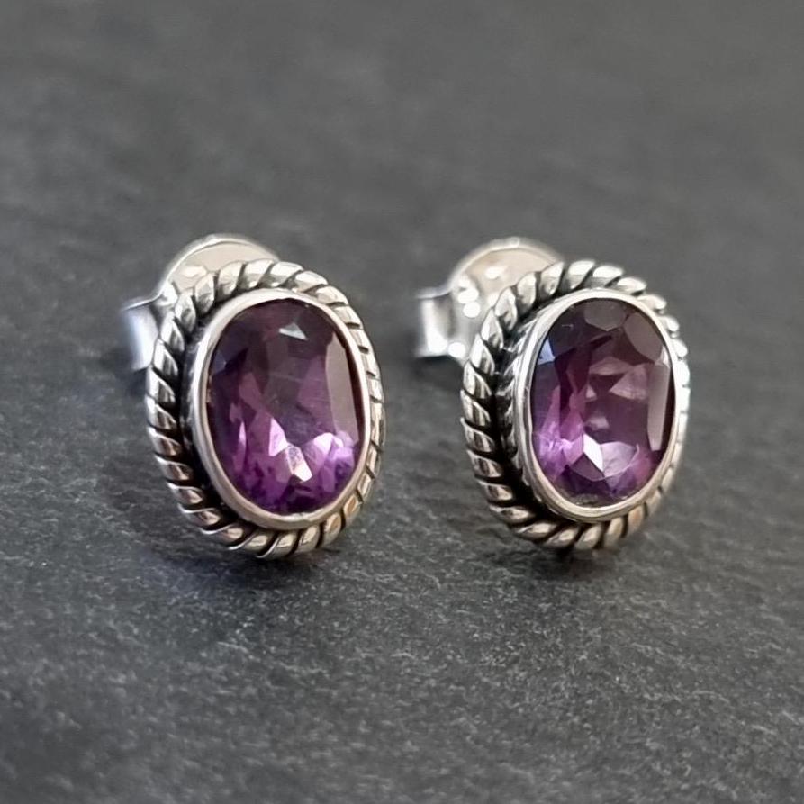 Boho Oval Facetted Amethyst Stud Earrings, 925 Sterling Silver, S4AF