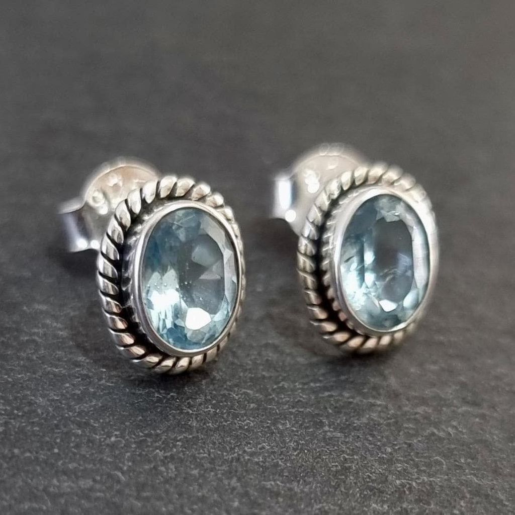 Boho Oval Blue Topaz Studs Earrings, 925 Sterling Silver, S4BT