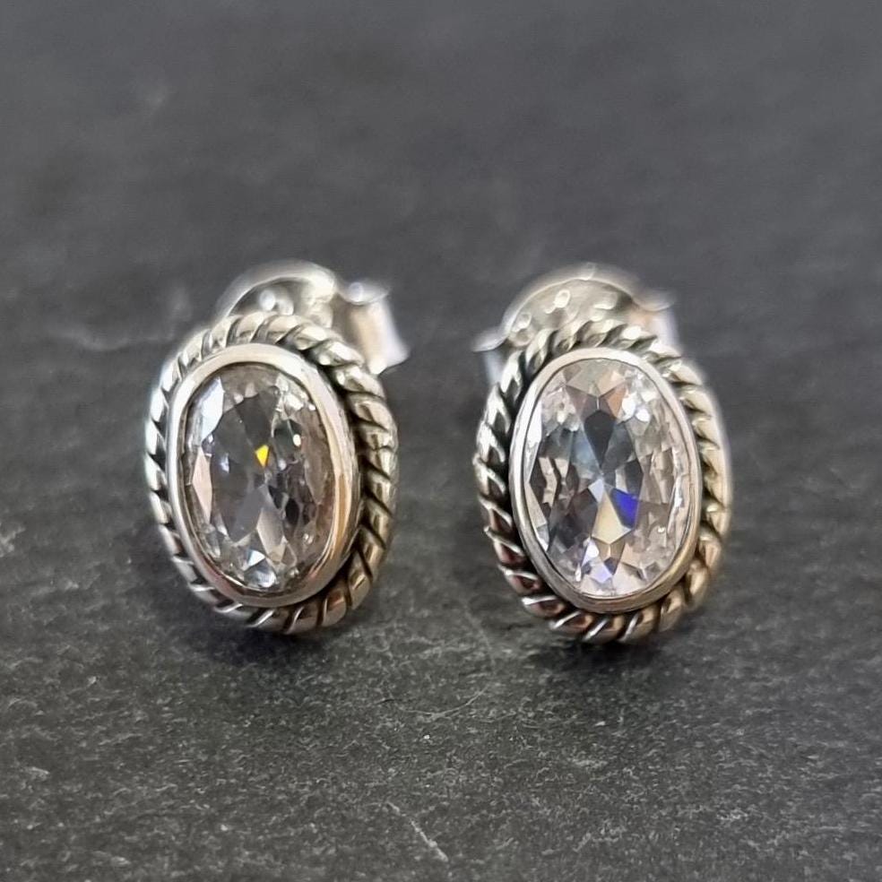 Boho Oval Cubic Zirconia Studs Earrings, 925 Sterling Silver, S4CZ