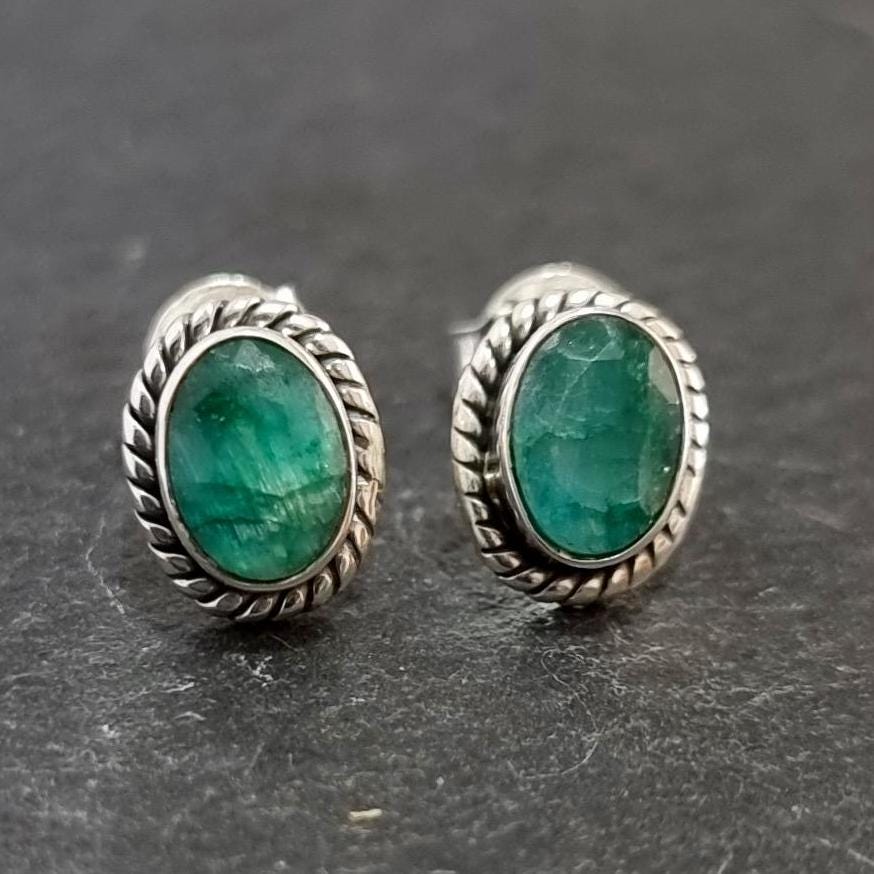 Boho Oval Emerald Studs Earrings, 925 Sterling Silver, S4EM