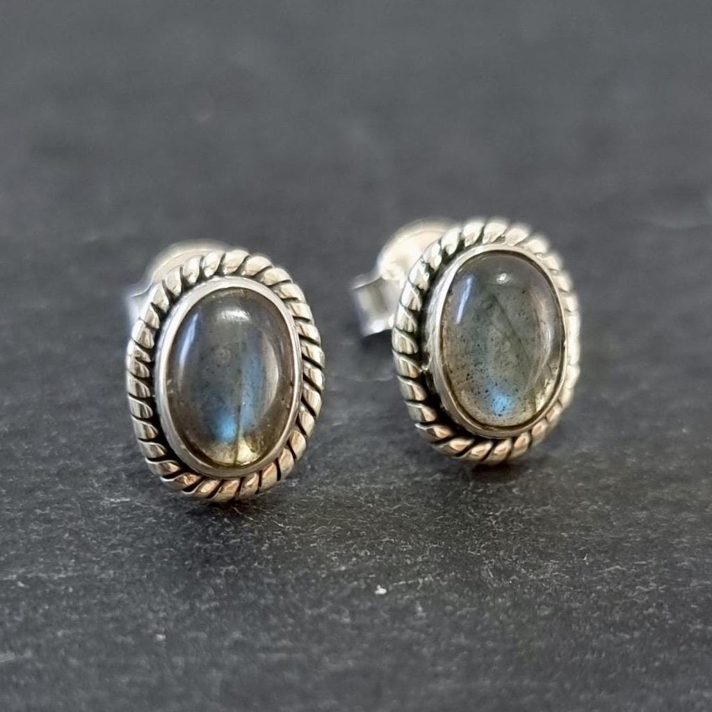 Boho Oval Labradorite Studs Earrings, 925 Sterling Silver, S4LAB