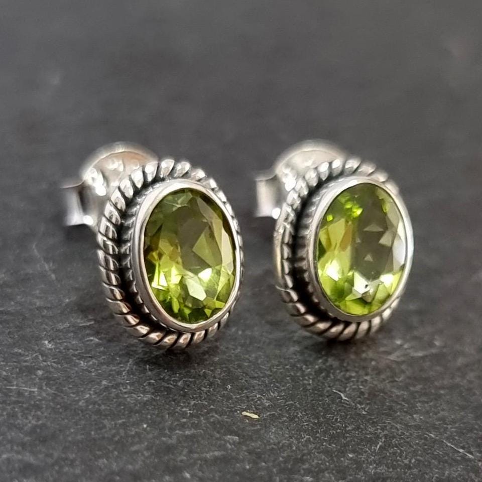 Boho Oval Peridot Studs Earrings, 925 Sterling Silver, S4P