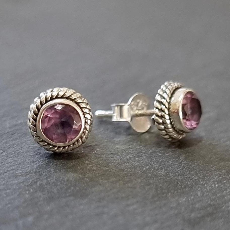 Boho Facetted Amethyst Stud Earrings | 925 Silver | February Birthday Gift