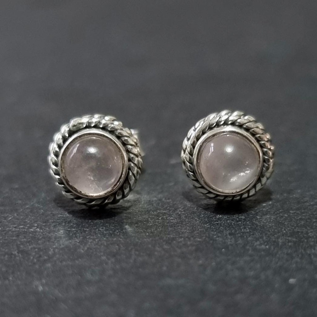 Boho Rose Quartz Stud Earrings – 925 Sterling Silver