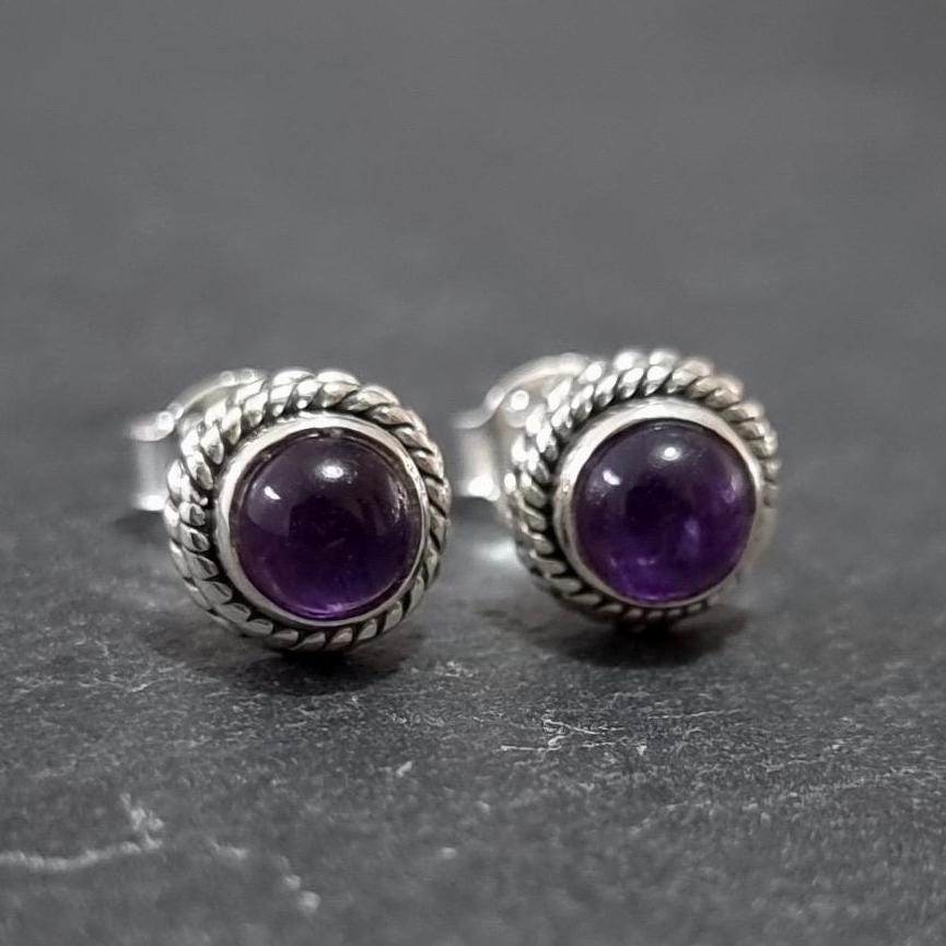 Boho Cabochon Amethyst Stud Earrings | 925 Silver | February Birthday Gift