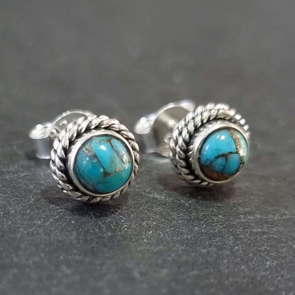 Boho Blue Copper Turquoise Stud Earrings, 925 Sterling Silver December Birthday Gift