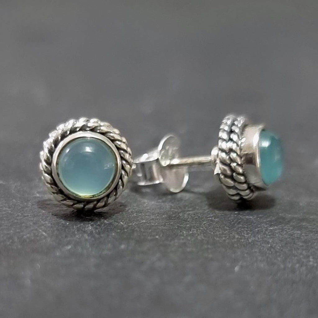 Boho Aqua Chalcedony Stud Earrings – 925 Sterling Silver Pastel Blue Bridal Gift