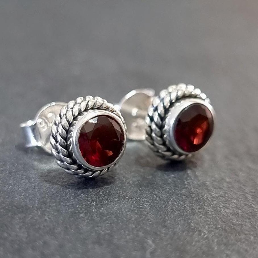 Boho Facetted Garnet Stud Earrings – 925 Sterling Silver January Birthstone Gift