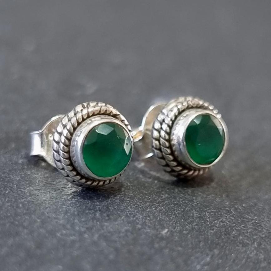 Boho Facetted Green Onyx Stud Earrings – 925 Sterling Silver 7th Anniversary Gift