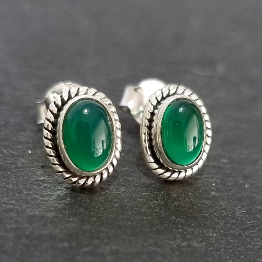 Boho Oval Green Onyx Studs Earrings, 925 Sterling Silver, S4GO