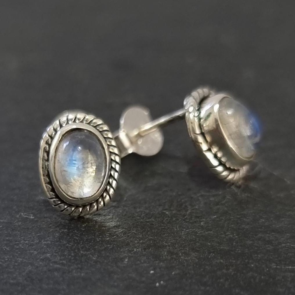 Boho Oval Moonstone Stud Earrings, 925 Sterling Silver, S4M