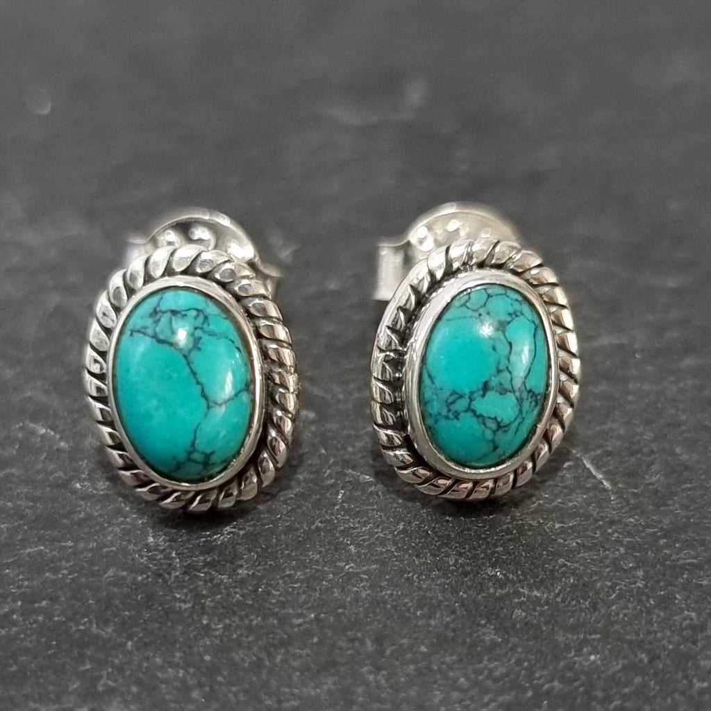 Boho Oval Turquoise Studs Earrings, 925 Sterling Silver, Size 1.0cm x 0.8cm, December Birthstone, 11th Anniversary Gift, Mistry Gems, S4T