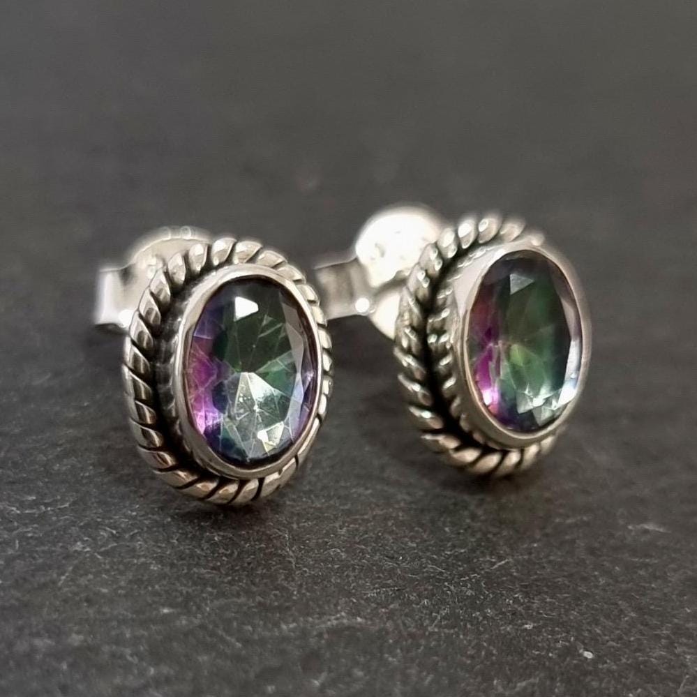 Boho Oval Mystic Topaz Studs Earrings, 925 Sterling Silver, S4MT