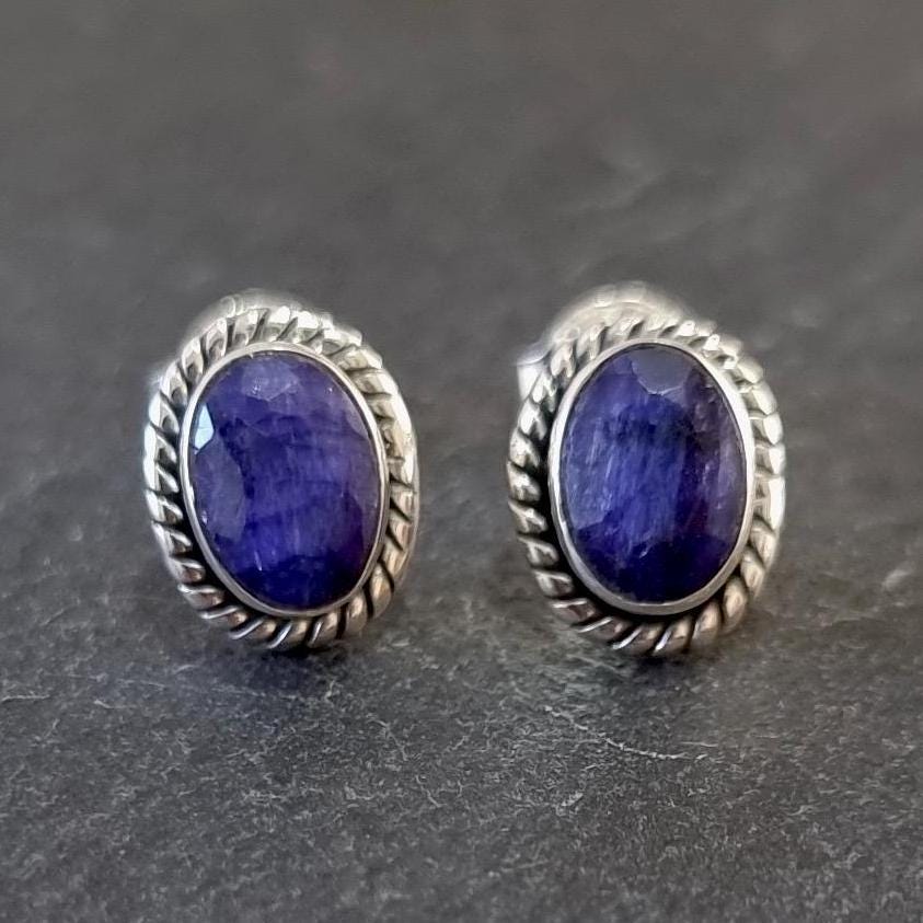 Boho Oval Sapphire Stud Earrings, 925 Sterling Silver, S4S