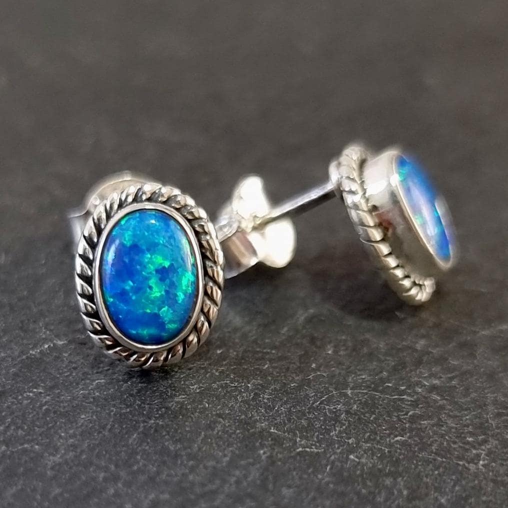 Boho Oval Blue Opal Studs Earrings, 925 Sterling Silver, S4BOP