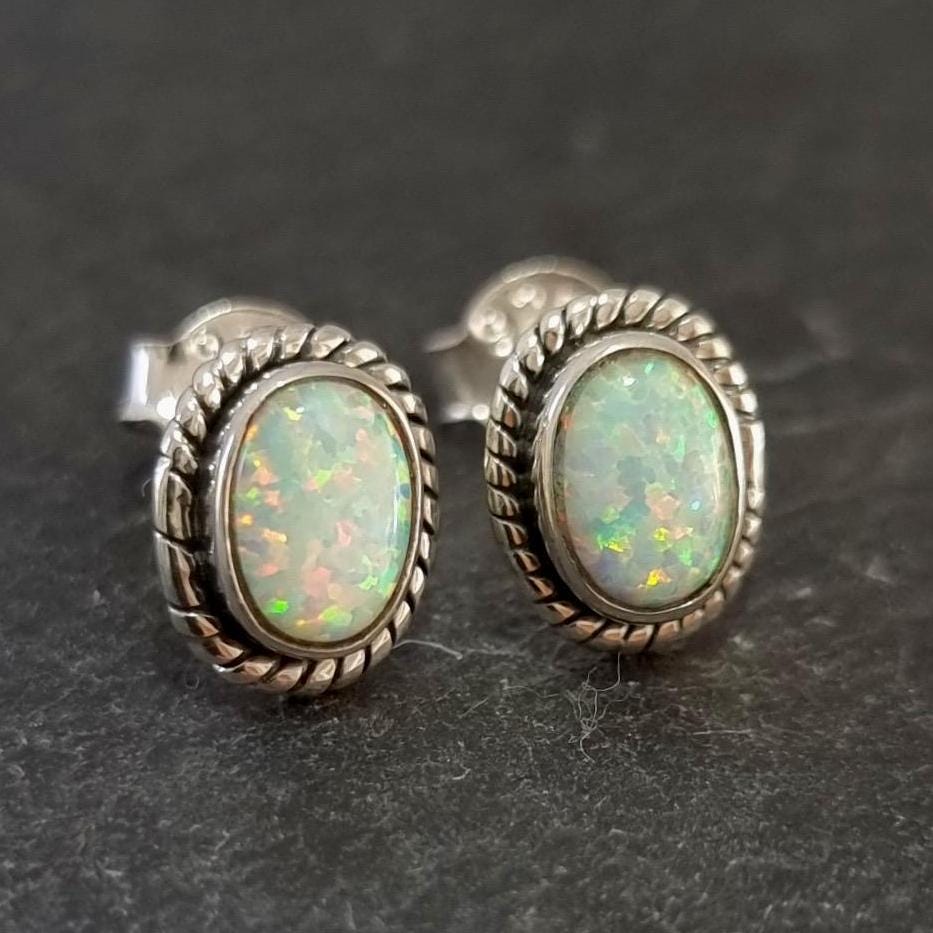 Boho Oval White Opal Studs Earrings, 925 Sterling Silver, S4WOP