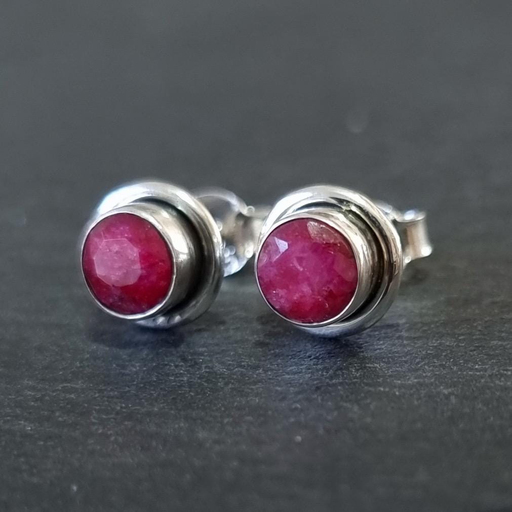 Elegant Round Ruby Stud Earrings, 925 Sterling Silver, S16R