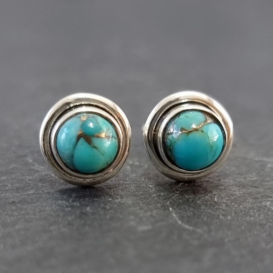 Round Blue Copper Turquoise Stud Earrings, 925 Sterling Silver, Size 0.8cm, December Birthstone, 11th Anniversary Gift, Mistry Gems, S16BCT