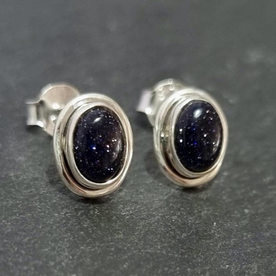 Sparkly Oval Blue Goldstone Stud Earrings, 925 Sterling Silver, S3BS