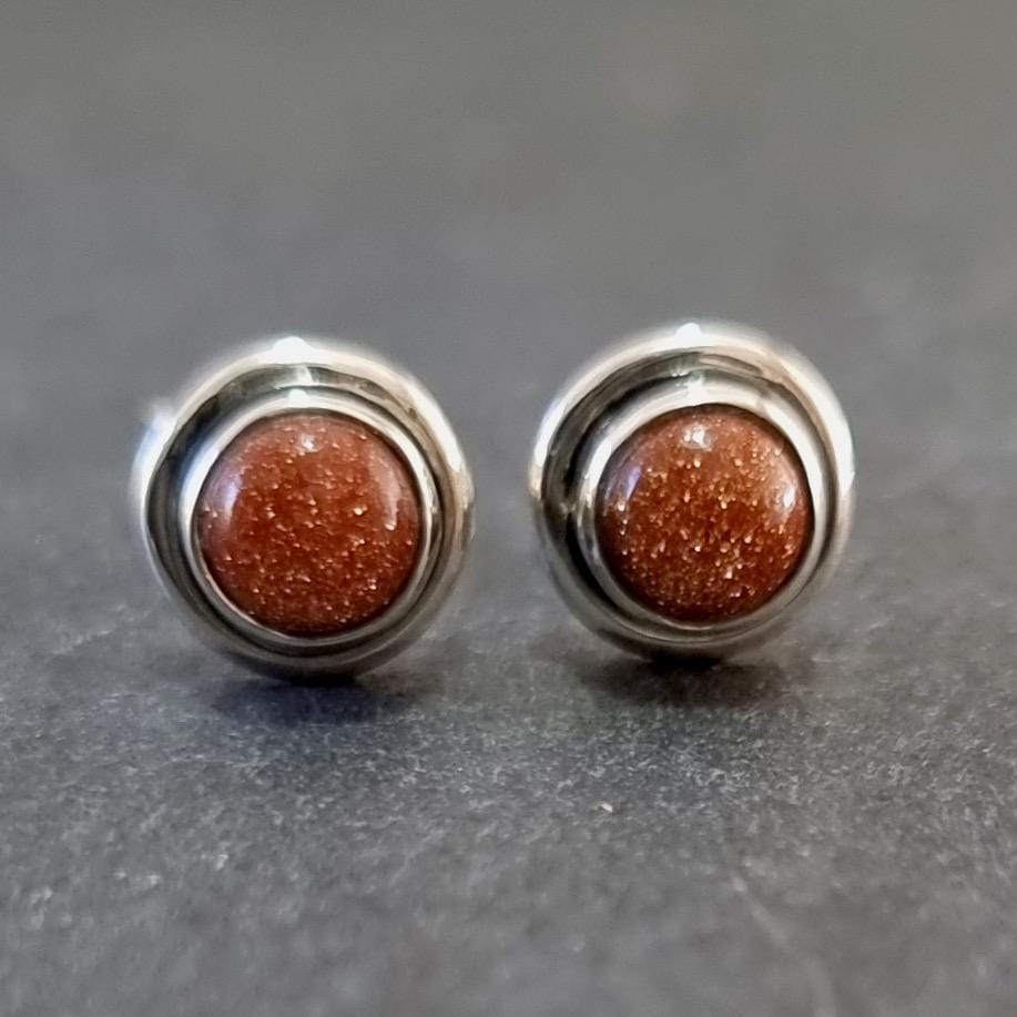 Sparkly Round Goldstone Stud Earrings, 925 Sterling Silver, S16GS