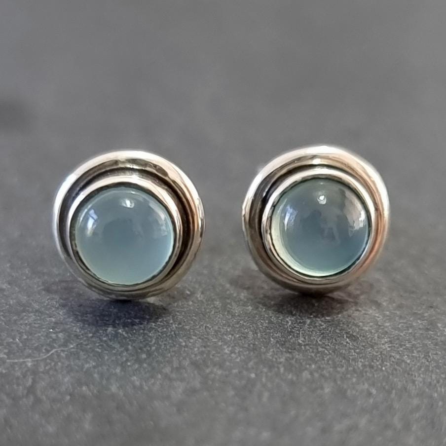 Small Round Chalcedony Studs Earrings, 925 Sterling Silver, S16C