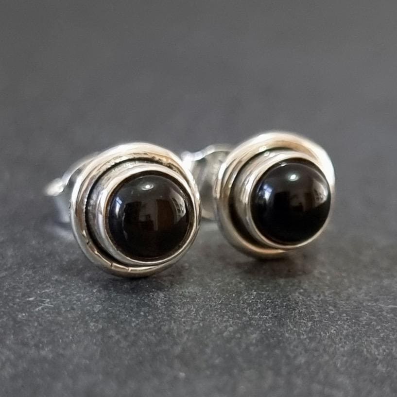 Unisex Small Black Onyx Studs Earrings, 925 Sterling Silver, S16O