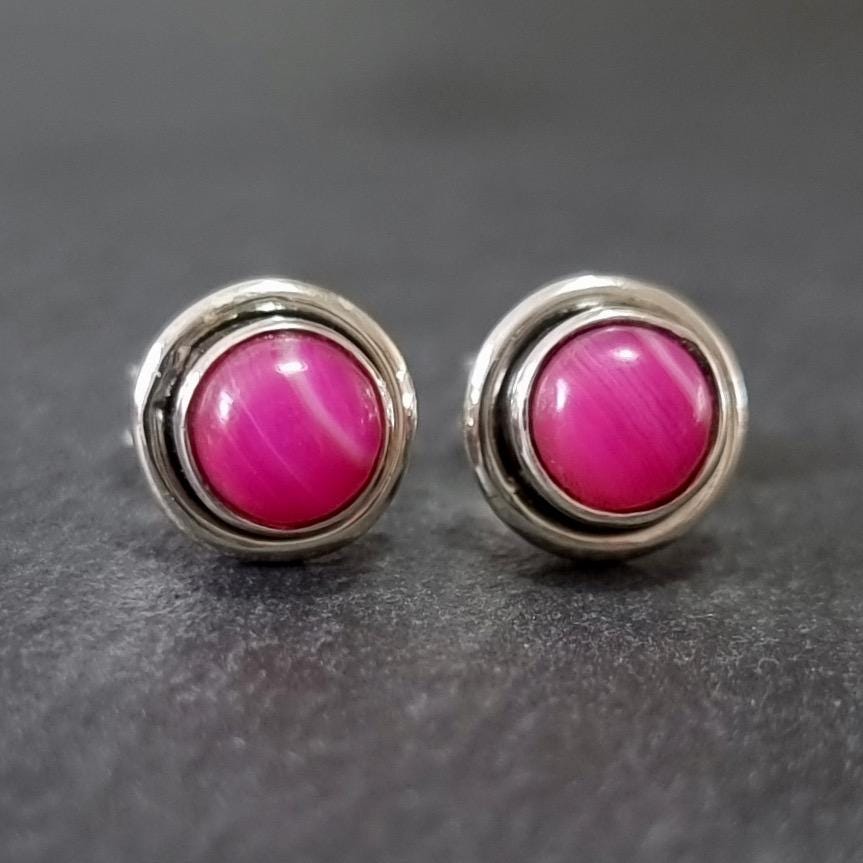 Round HOT Pink Agate Studs Earrings, 925 Sterling Silver, S16PAG