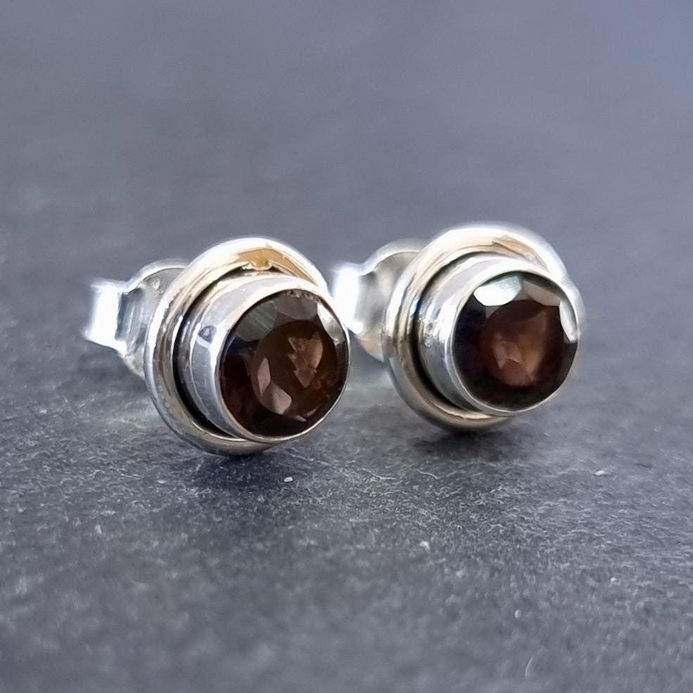 Dainty Round Smoky Quartz Studs Earrings, 925 Sterling Silver, S16SQ