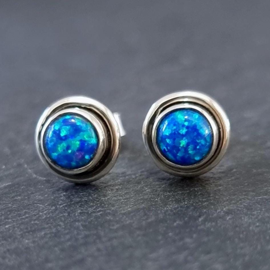 Vibrant Round Blue Opal Studs Earrings, 925 Sterling Silver, S16BOP