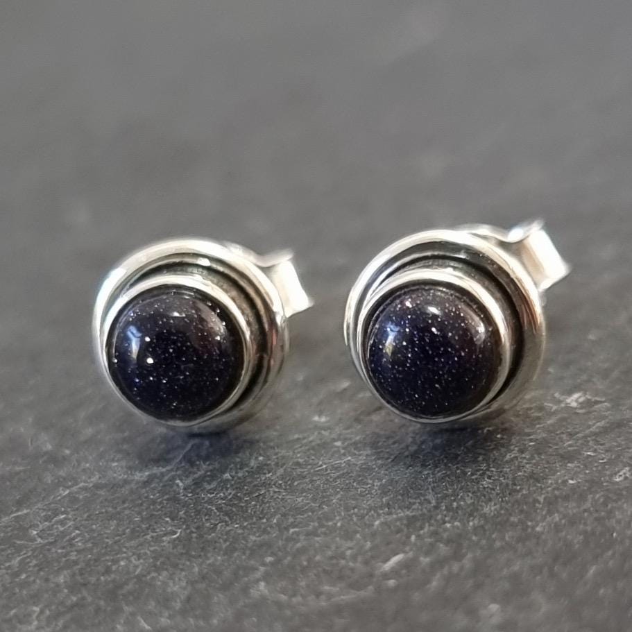 Sparkly Round Blue Goldstone Stud Earrings, 925 Sterling Silver, S16BS