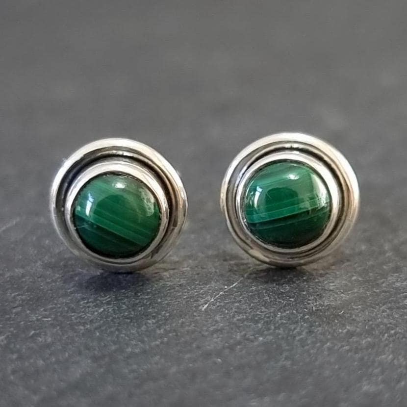 Malachite Stud Earrings, 925 Sterling Silver, Size 0.8cm - 8mm Round Green Gemstone Studs, Heart Chakra Jewellery, Mistry Gems, S16MAL