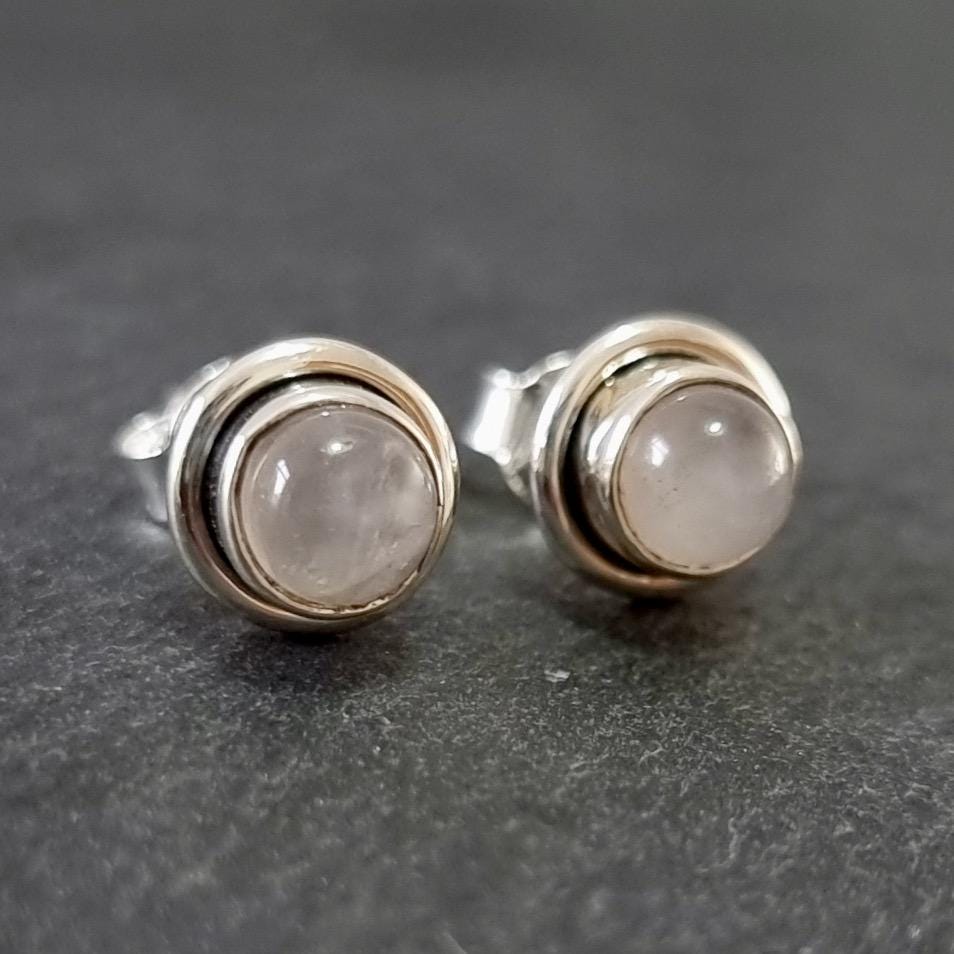 Small Round Rose Quartz Studs Earrings, 925 Sterling Silver, S16RQ