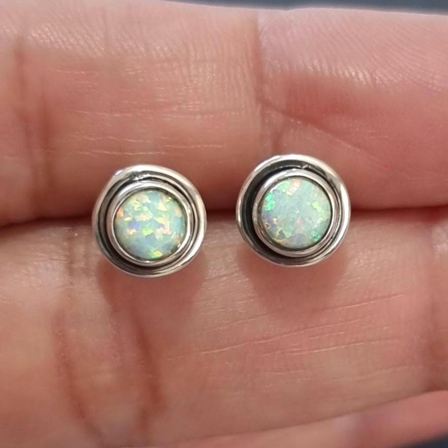 Classy Round White Opal Studs Earrings, 925 Sterling Silver, S16WOP