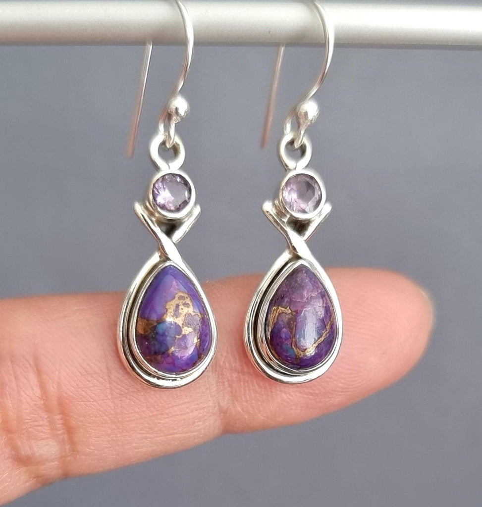 Purple Copper Turquoise & Amethyst Earrings in 925 Silver