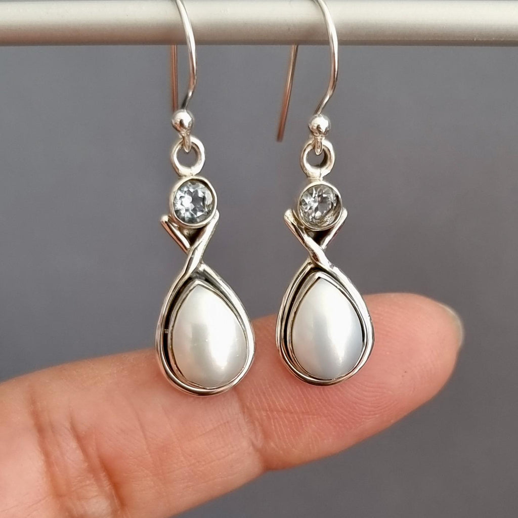 Pearl & Blue Topaz Earrings in 925 Silver – June Birthstone, Bridal Jewellery