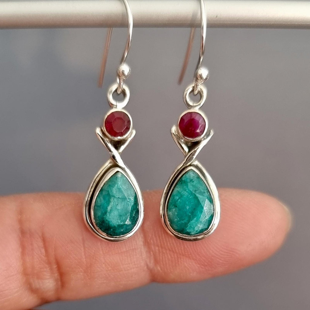 Teardrop Emerald & Ruby Earrings in 925 Sterling Silver
