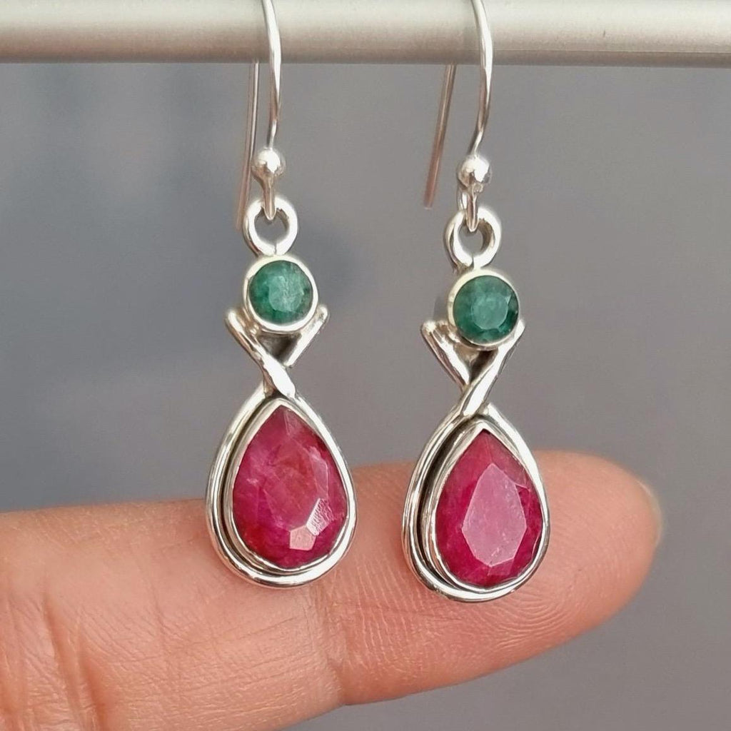 Designer Ruby & Emerald Earrings in 925 Sterling Silver – July Birthstone