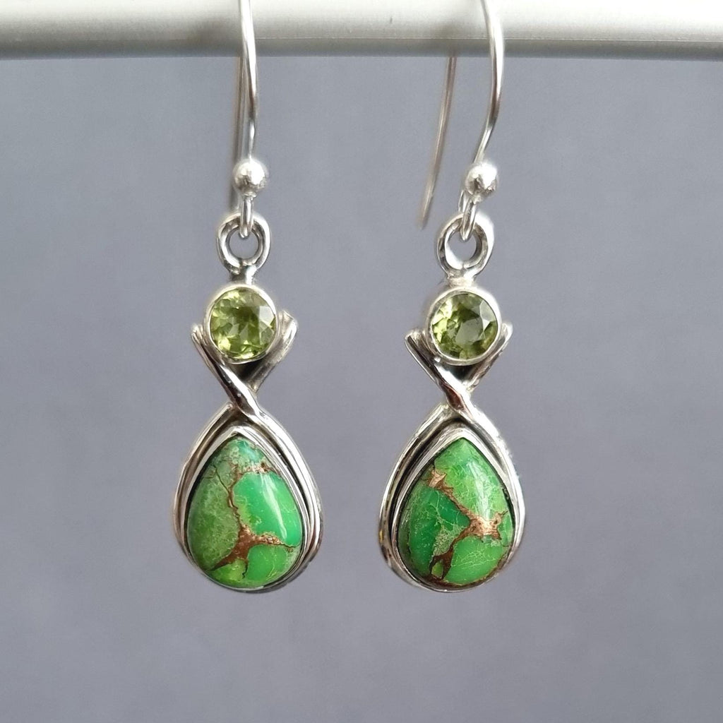 Green Copper Turquoise & Peridot Earrings in 925 Silver