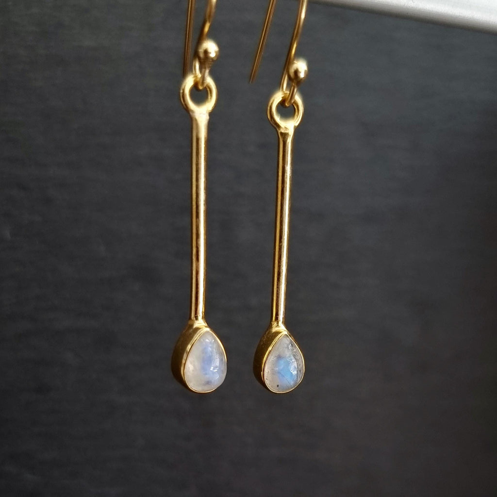 Gold Rainbow Moonstone Earrings in 925 Sterling Silver
