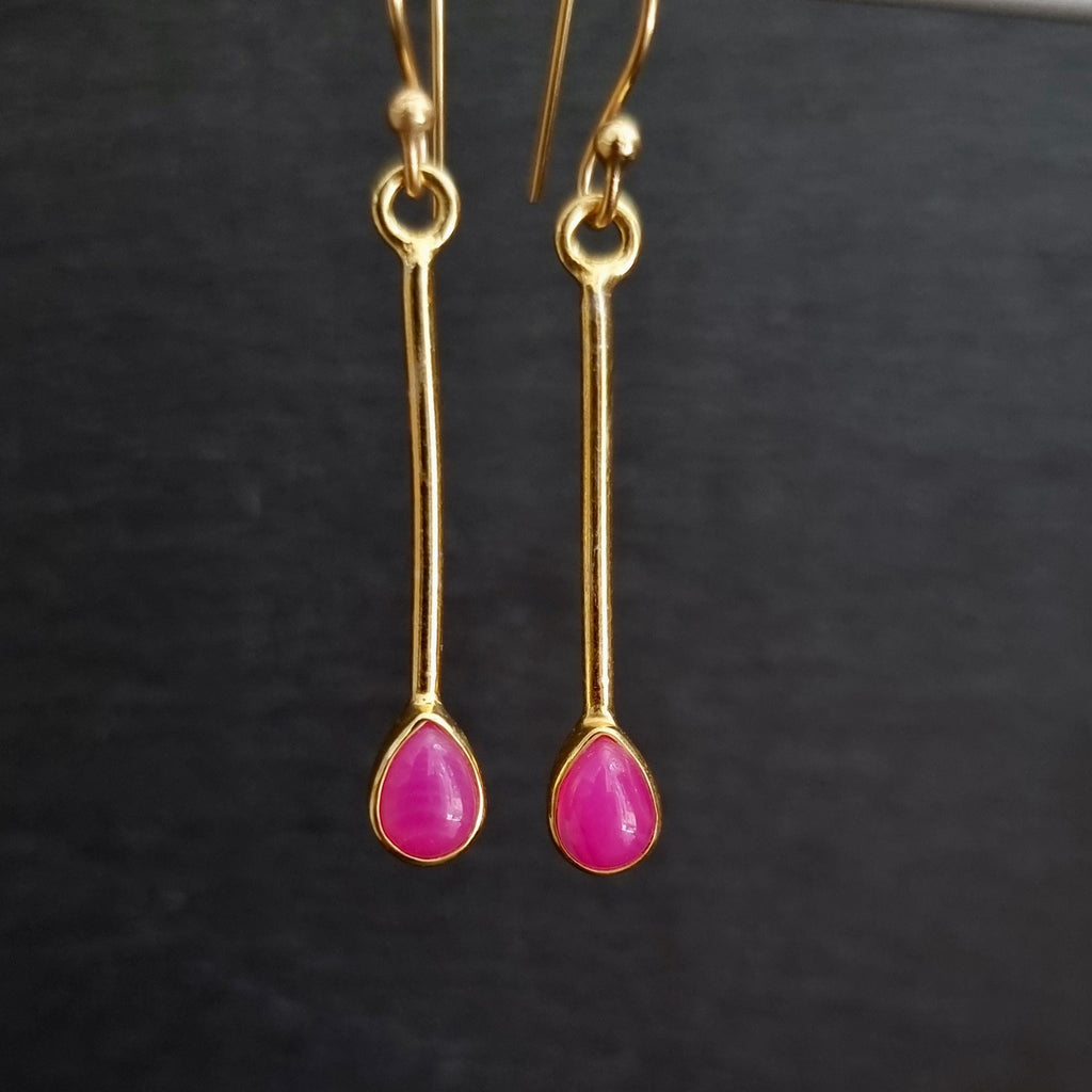 Gold Plated Teardrop Hot Pink Agate Earrings in 925 Silver